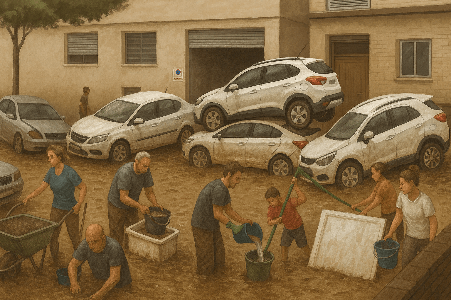 Imagen urbana de la situación de una calle tras la DANA, con varios coches apilados. Se ve barro y mucha gente tratando de poner orden